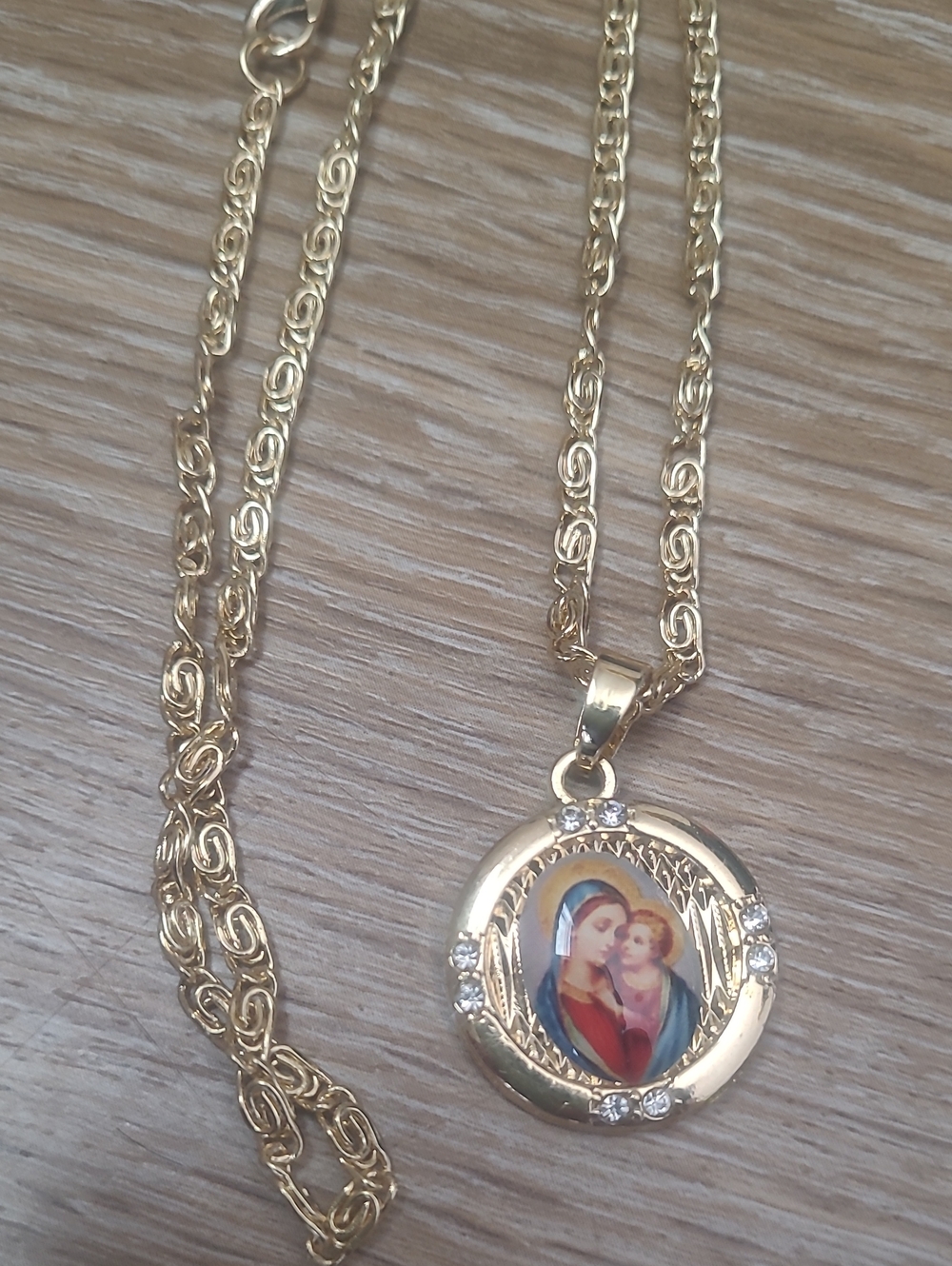 Gold-Tone Religious Madonna and Child Pendant Necklace